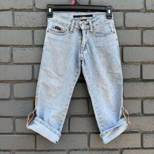 VINTAGE Why Jeans Heart Rainbow Adjustable Knee Length Capri Crop Denim Jean 8